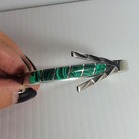 vintage sterling silver 925 malachite hinged  clasp 36.6g bracelet bangle mexico - Picture 1 of 12